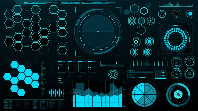 Futuristic interface with hexagonal grids circles and data visualizations