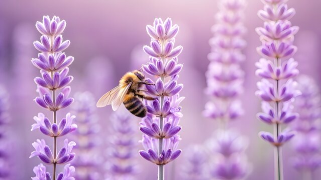Honey bee collecting nectar from blooming lavender flowers in soft natural light with organic farming with essential oi