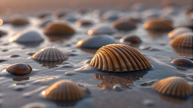 Close-up of wet seashells on sandy beach with gentle ocean waves at sunset with golden hour