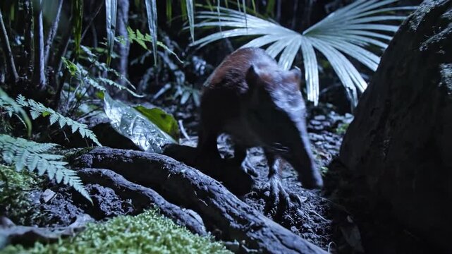 Solenodon Foraging on Moonlit Caribbean Island Floor
