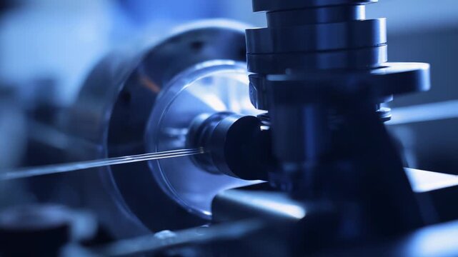Industrial equipment processing thin metallic wires with precision for advanced applications, representing modern manufacturing and technological innovation in a deep blue setting