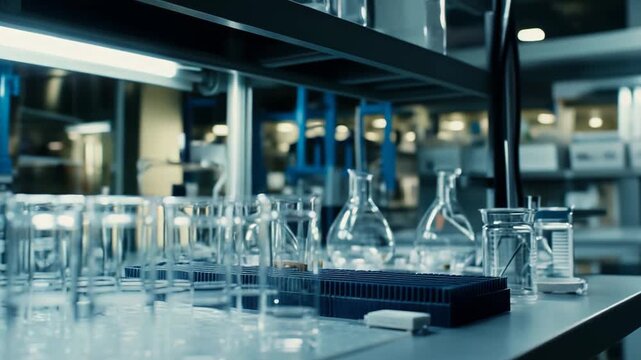 Glass test tubes and assorted glassware filled with colored liquids on a lab bench, prepared for chemistry and biotech experiments in a modern research and development laboratory