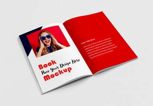 Open Magazine Mockup with Female Model Photo and Red Interior Page Design