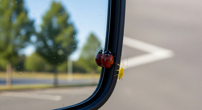 Ladybug and yellow bug on the edge of a black frame  of car window outdoors  