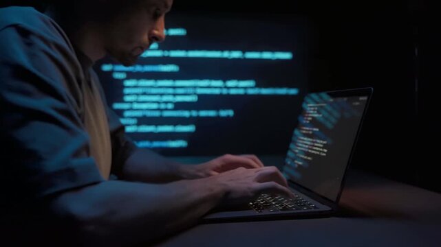 Focused software engineer writing script on computer in dark room late at night with glowing blue programming script behind. Coding process in modern technology environment.