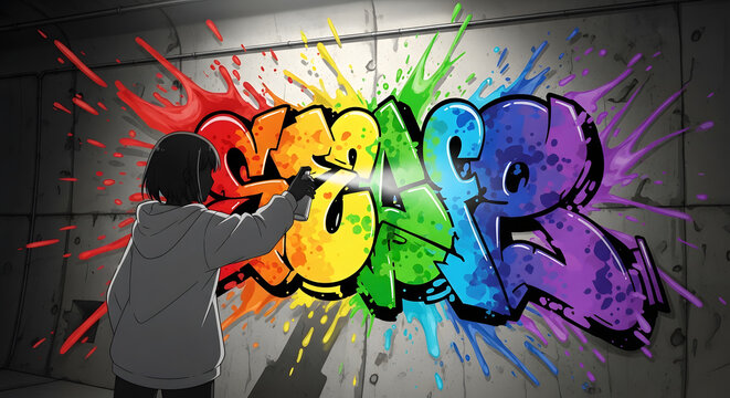 Graffiti artist creating vibrant street art on wall.