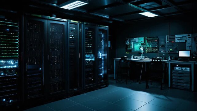 Server racks standing in a dark data center, displaying glowing lights and connecting wires, with a computer workstation and monitors for testing and programming on the right side