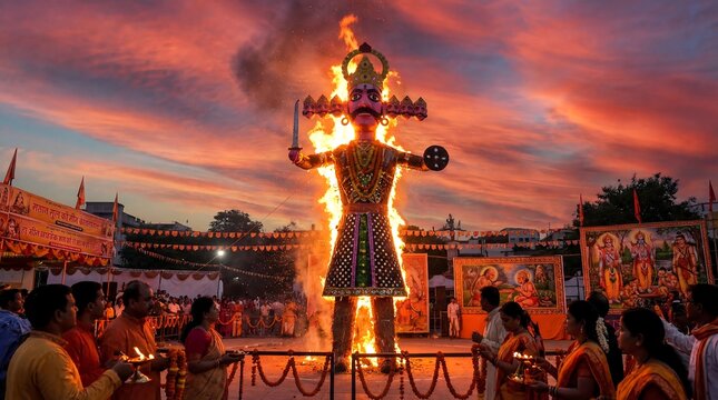 People gather around a burning effigy at dusk in a festival setting outdoors