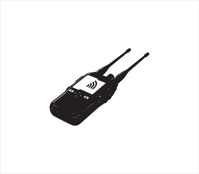 Black walkie talkie with antenna and signal icon on white background