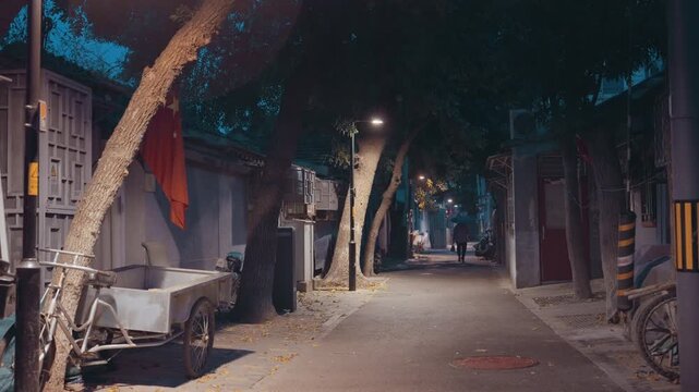 Night alley with asian man walking, moody cinematic atmosphere with dim streetlight glow, red flags hanging from storefront, parked rickshaw and bicycle under tree canopy, narrow pavement lined