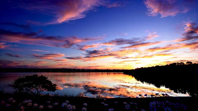 Gorgeous sunset natural scenery by the lake