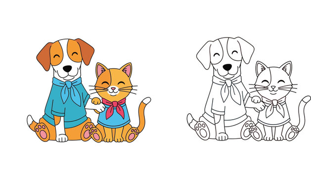 Cute Cartoon Dog and Cat Best Friends Illustration and Coloring Page for Kids, Pet Friendship Vector Art with Outline Drawing and Colored Version for Children&rsquo;s Activity Books