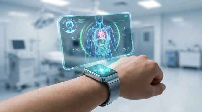 Smartwatch health monitoring holographic display medical technology human anatomy futuristic interface wearable device digital health healthcare innovation biometric data hospital room patient