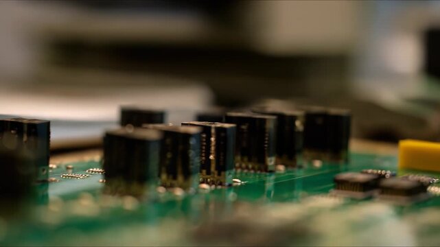 Electronic circuit board with various integrated circuits and capacitors forming a complex network, representing modern technology and advanced computing hardware in a macro view