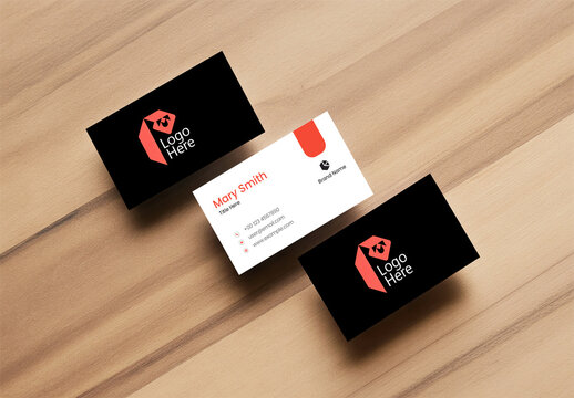 Three Business Cards Mockup on Wooden Table with Professional Corporate Identity Design