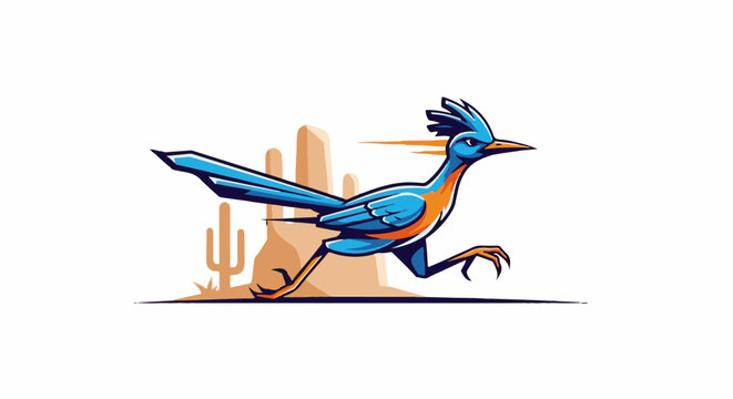 Stylized blue roadrunner with orange accents runs through a desert landscape