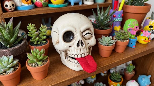 Stop motion with orange skulls on black concept. A playful skull surrounded by vibrant potted succulents.