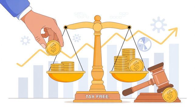 Businessman balancing tax free coins on scales with gavel and financial graphs in background
