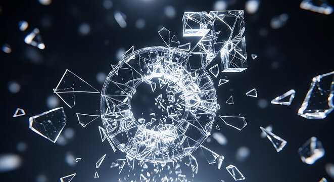 A shattered glowing number five forms from fragments digital art on transparent background