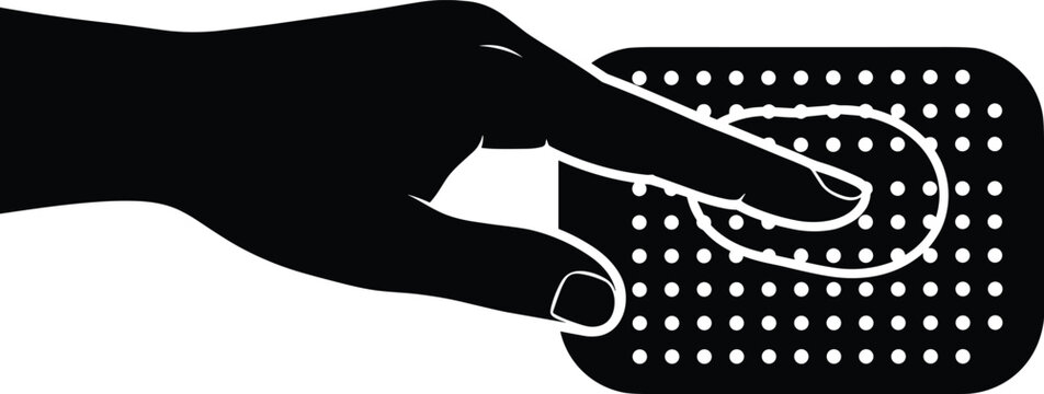 Hand touching digital biometric sensor interface for fingerprint scanning authentication and secure data access in modern futuristic flat vector style