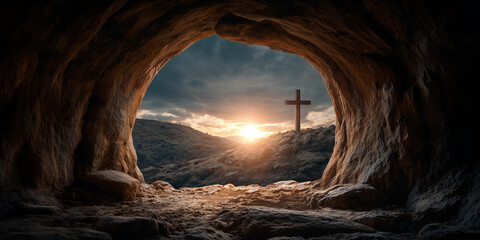 Fototapeta na wymiar Empty Tomb View of Christian Cross on a Hill at Sunrise for Easter Resurrection 