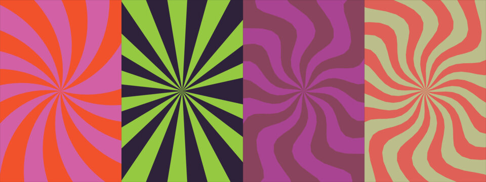Abstract swirl and sunburst patterns, vibrant retro geometric background design set