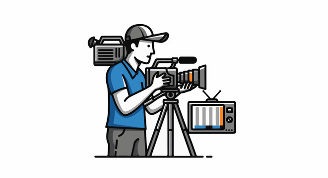 Person filming with camera on tripod, broadcasting television, and carrying equipment