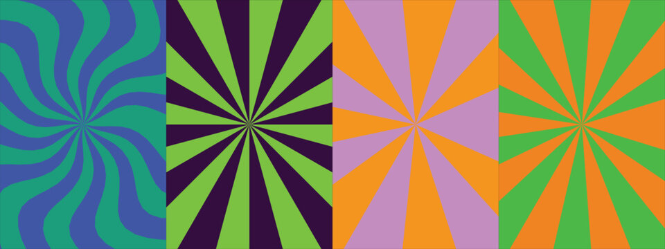 Dynamic burst and spiral vector backgrounds in purple green orange and blue color schemes