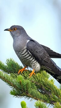 Striking male common cuckoo bird with orange eyes perches alertly upon vibrant green pine tree needles against a soft sky background.