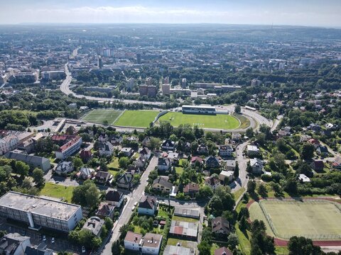 Aerial view of the city center of Ostrava, Czech Republic. Drone view of Ostrava.