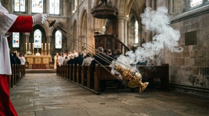 Fototapeta premium Incense censer swinging with rising smoke during church service, ritual atmosphere with blurred congregation in historic interior