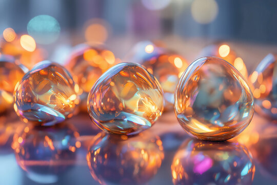 Crystal transparent Easter eggs with light refraction, luxury abstract composition