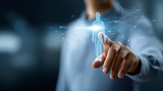 Human resources management concept with a digital interface and a pointing hand, HR technology and workforce management visualization, defocused background, with copy space