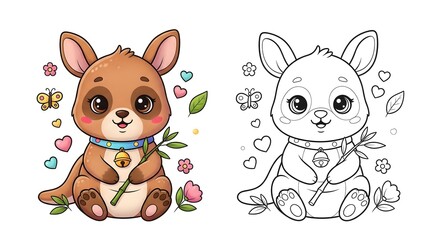 Fototapeta premium Colorful illustration of a cute dog and its line art version surrounded by flowers