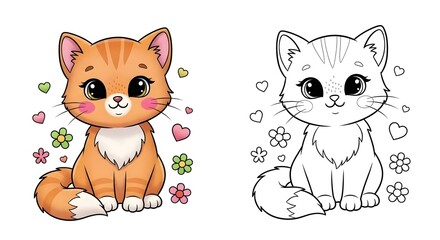 Obraz premium Colorful illustration of an orange kitten with a blank line drawing counterpart