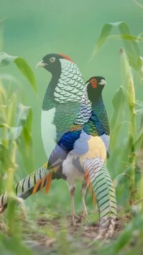 A beautiful male Lady Amherst's pheasant stands majestically amongst green foliage, showcasing its stunning vibrant plumage and distinctive long banded tail in a serene natural setting.