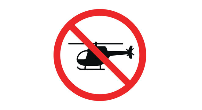 No helicopters prohibited sign featuring a black silhouette of a helicopter inside a red circle with a diagonal slash.