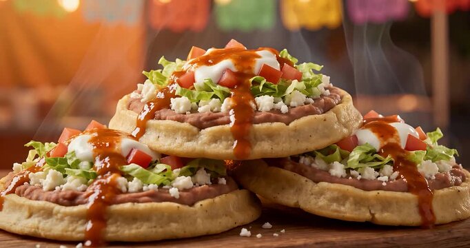 Three freshly made Mexican sopes topped with beans, lettuce, cheese, sour cream, and red salsa, steaming hot and ready to eat.