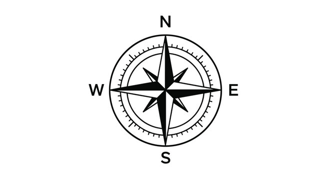 Traditional black and white compass rose icon with cardinal directions north south east and west for navigation and travel.