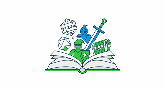 Open book with fantasy game elements dice, knight, sword, treasure chest