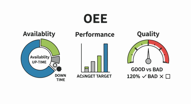 Diagram illustrating OEE components Availability, Performance, and Quality metrics with visual aids