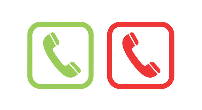 Telephone handset icons in square frames with rounded corners featuring green for call and red for end call symbols on white background.