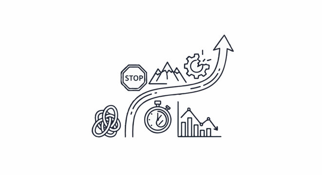 Abstract illustration of a journey with obstacles, progress, and data