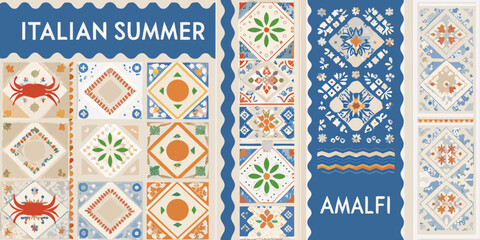 Colorful italian summer themed tiles with floral and marine motifs © Suranjan