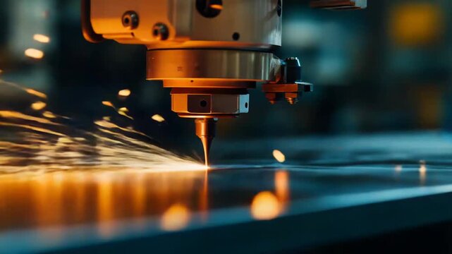 Industrial laser machine precisely cutting a sheet of metal with an intense beam and bright sparks flying, showcasing modern manufacturing technology and automation in a factory environment