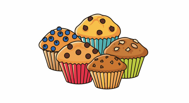 A cartoon assortment of five delicious muffins with assorted toppings