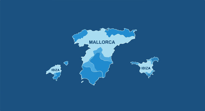 Stylized maps of Mallorca and Ibiza islands with color gradients