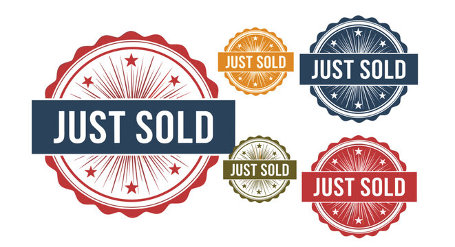 Collection of five just sold stamps in various colors like red, blue, orange, and green featuring a grungy texture and star decorations.