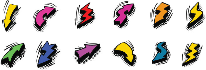 Comic Style Arrow Icon Set. Colorful Pop Art, Direction Symbols, Dynamic Motion, Retro Halftone Cartoon Arrows PNG Transparent Design Elements © Ink Magic