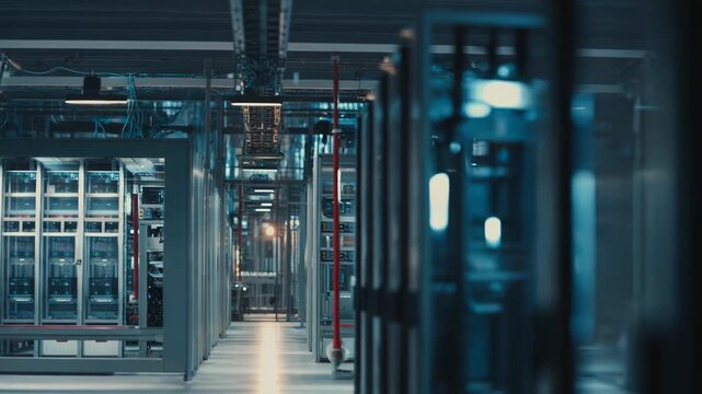 Data center corridor capturing multiple server racks with illuminated lights, highlighting secure digital infrastructure, cloud computing, and advanced network technology for internet services